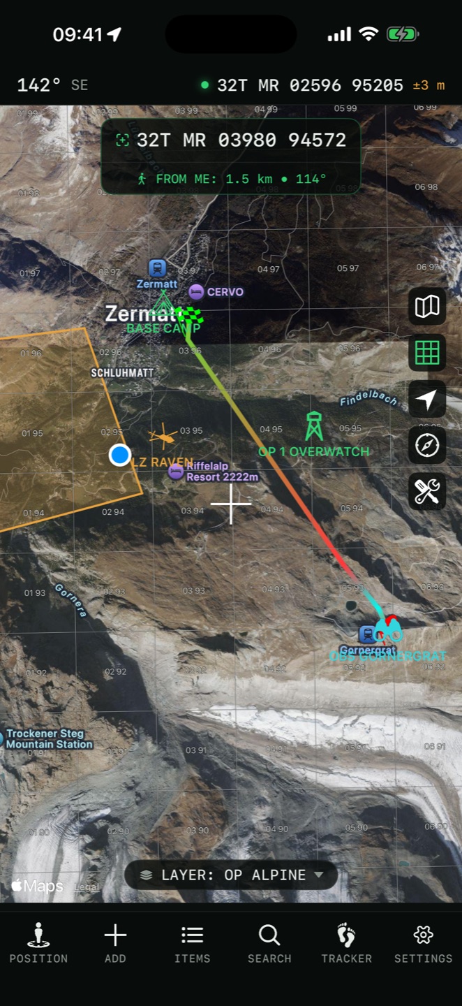 Tactical GPS main map with MGRS grid overlay, satellite topo layer and mission markers