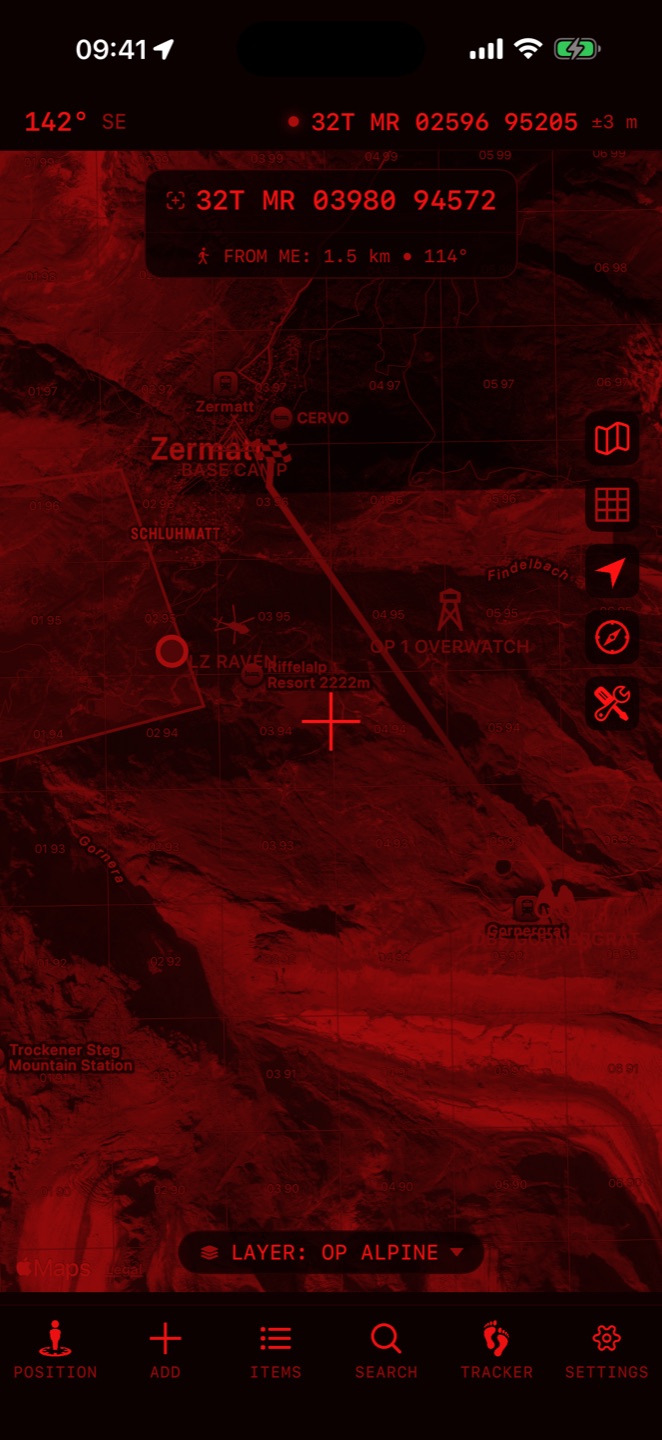 The app in red night-vision mode