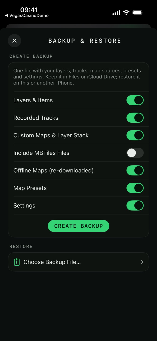 The Backup and Restore screen with the contents checkboxes