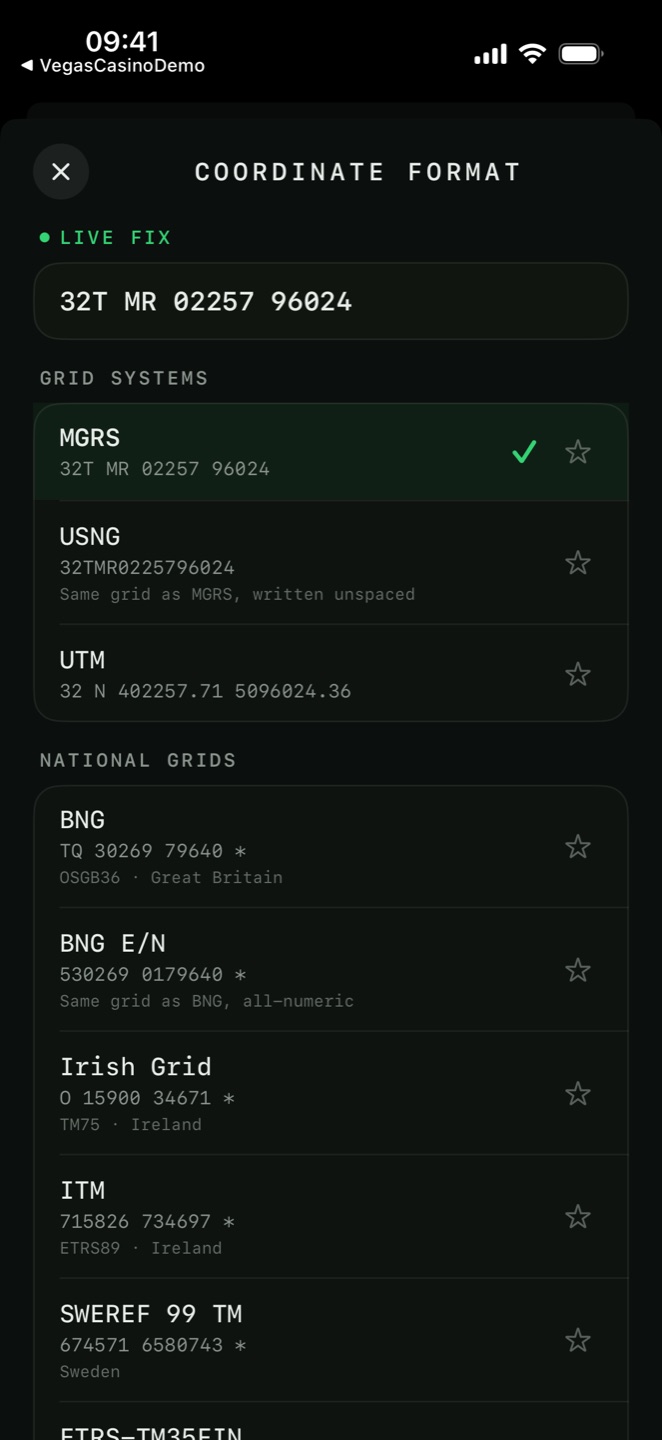 The coordinate format picker showing MGRS, USNG and UTM with a live fix preview