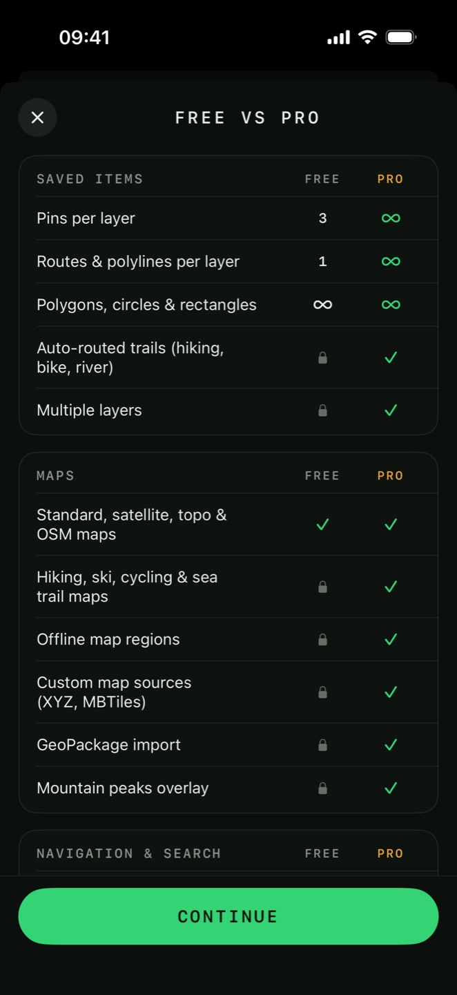 The in-app Free versus Pro comparison showing saved item and map limits