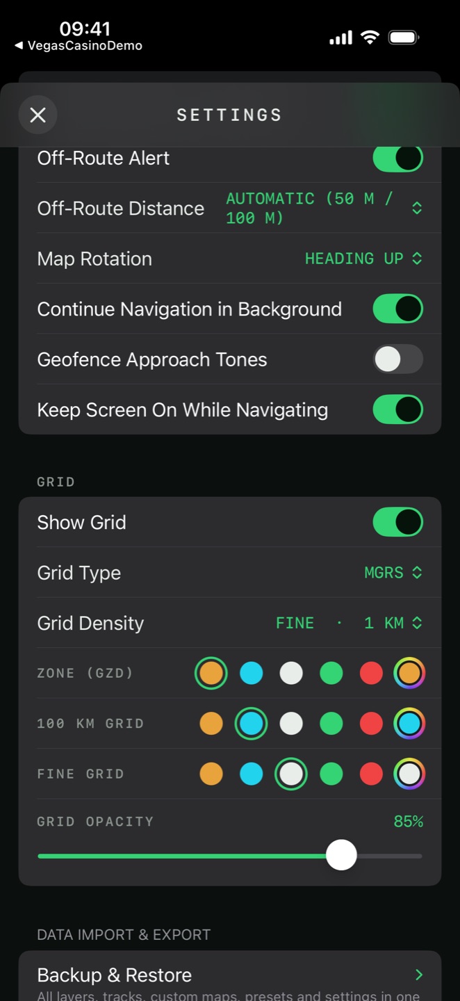 Grid settings with the system, density, three colour rows and the opacity slider