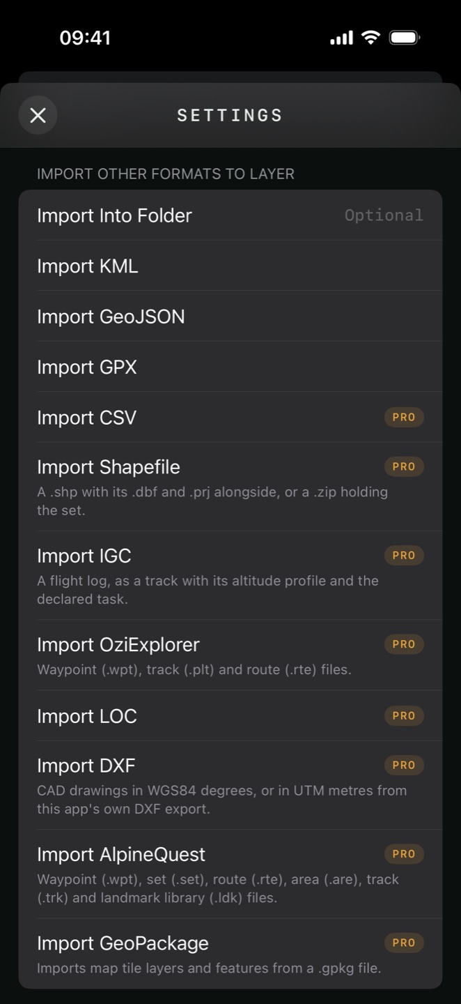 The import list showing which formats are free and which carry a PRO badge