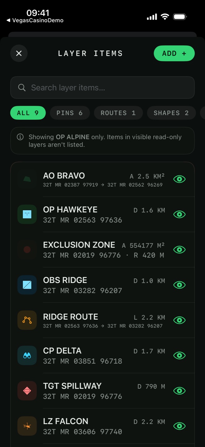 The Layer Items list with search, type filter chips and per-item coordinates