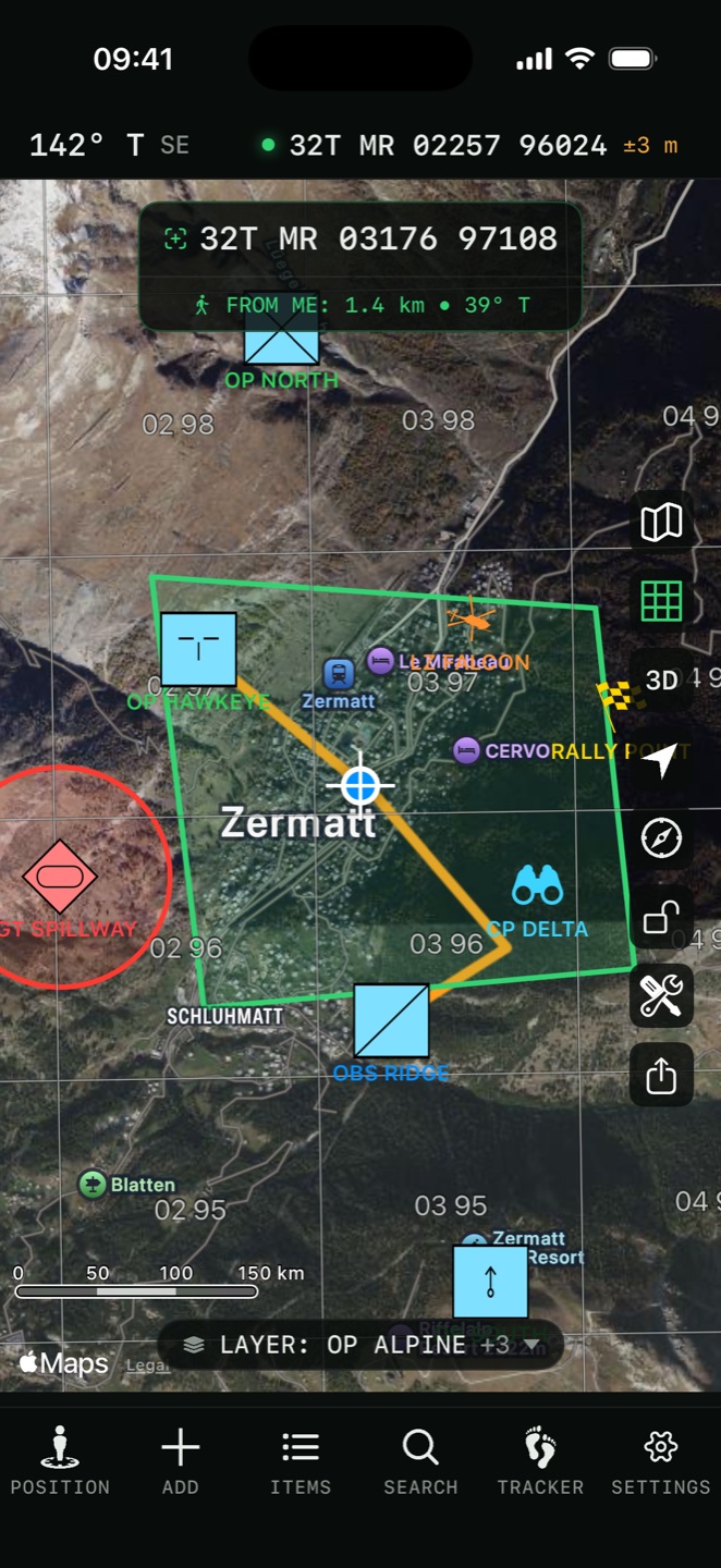 The map screen with the MGRS grid, NATO symbols and the control column down the right edge