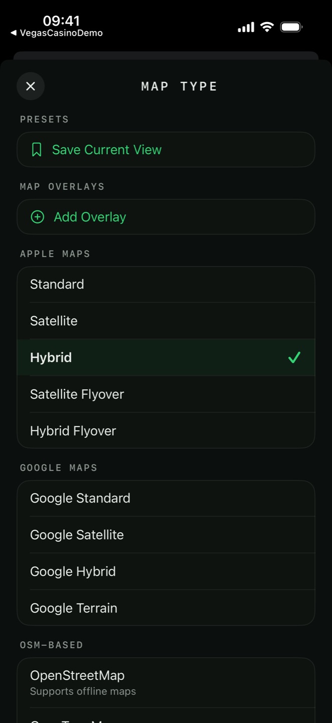 The Map Type sheet showing the Presets and Map Overlays sections above the base map groups