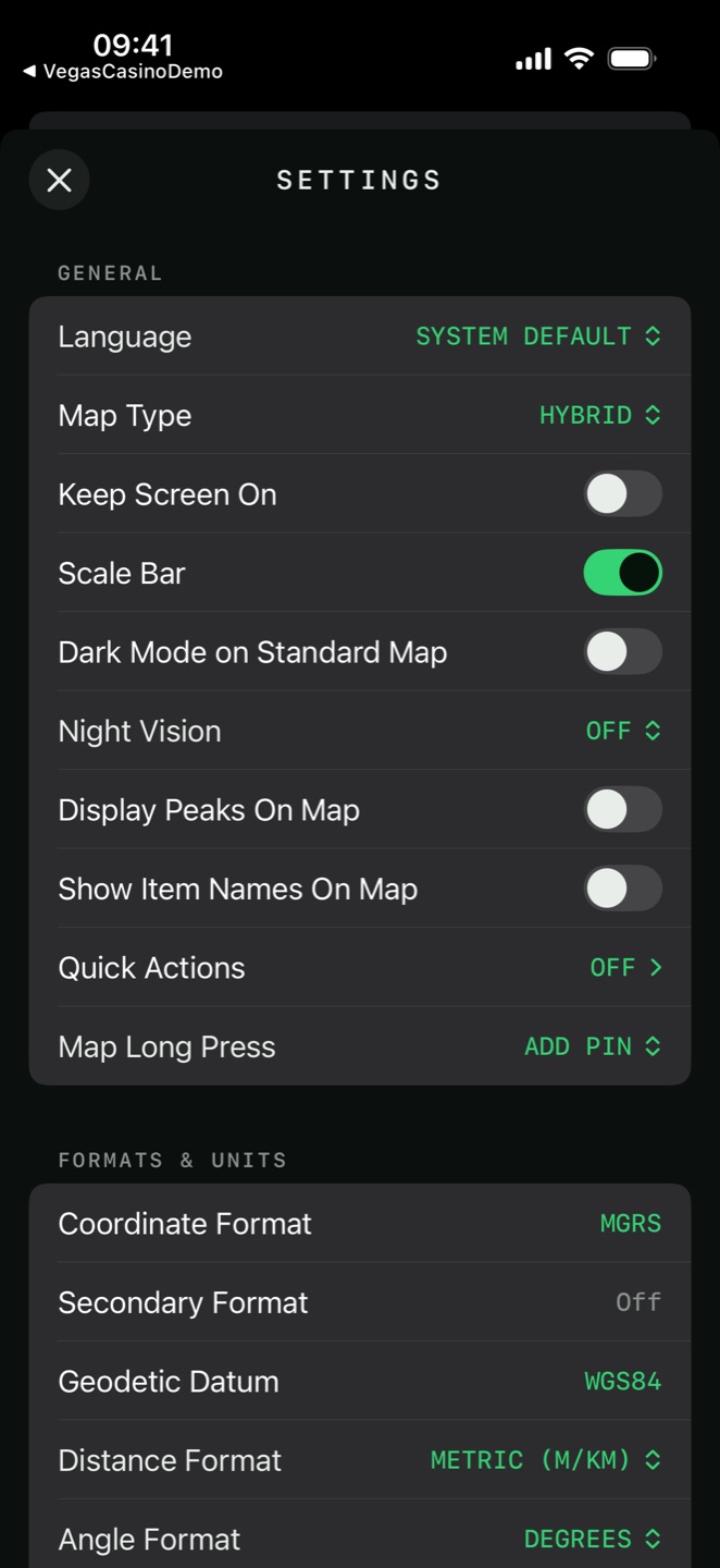 The Settings screen showing the General and Formats and Units sections