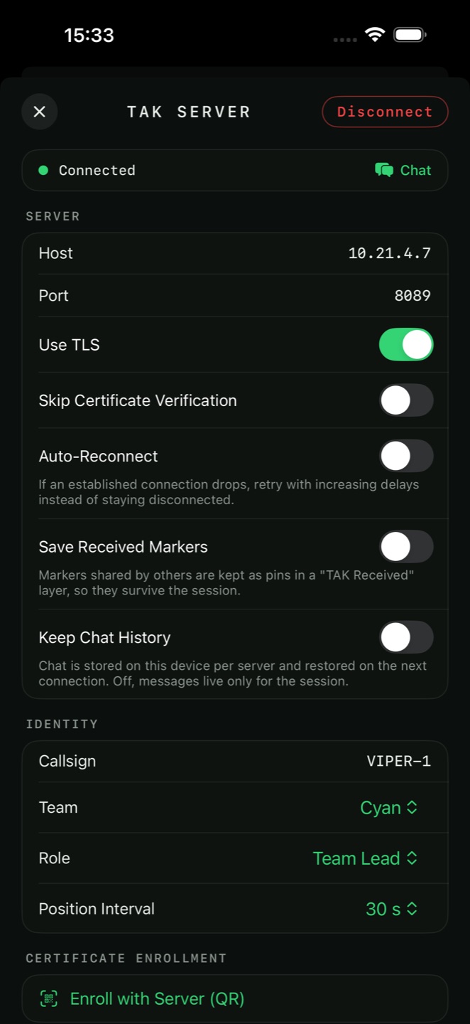 The TAK server panel connected, showing identity and team settings