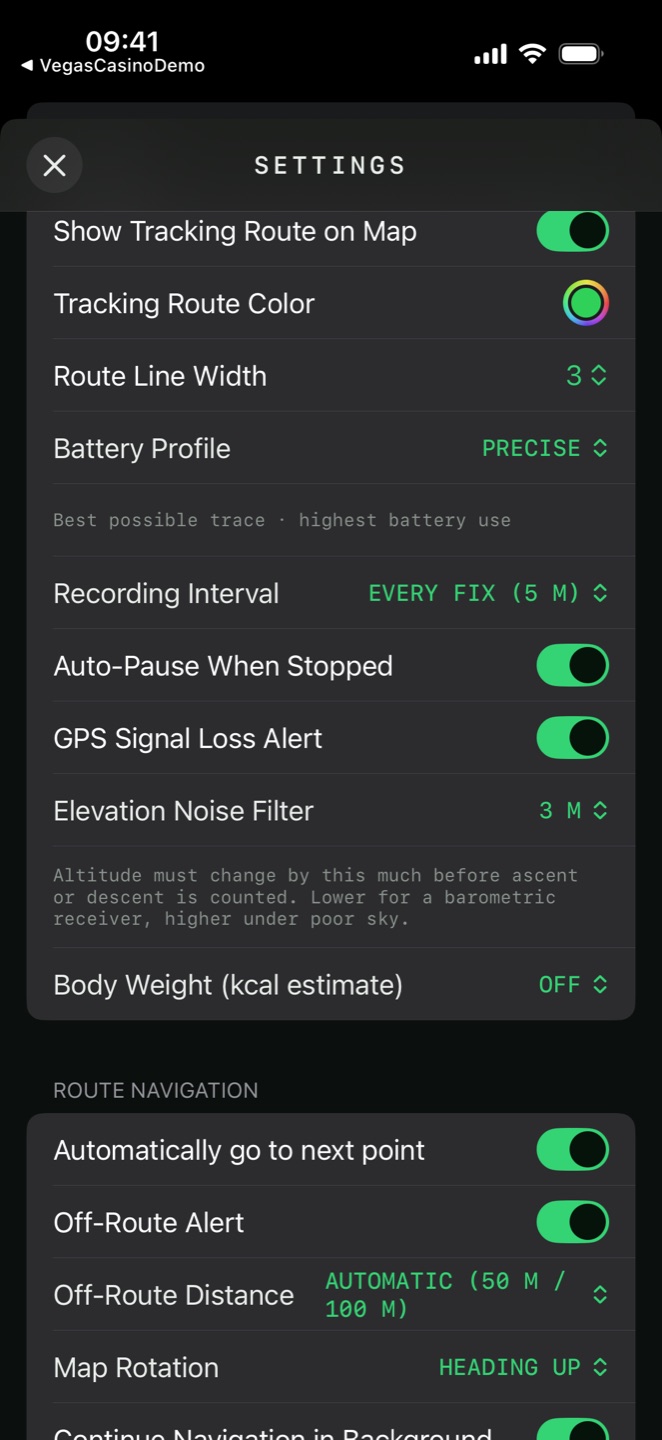 Tracker settings showing the battery profile, recording interval and elevation noise filter